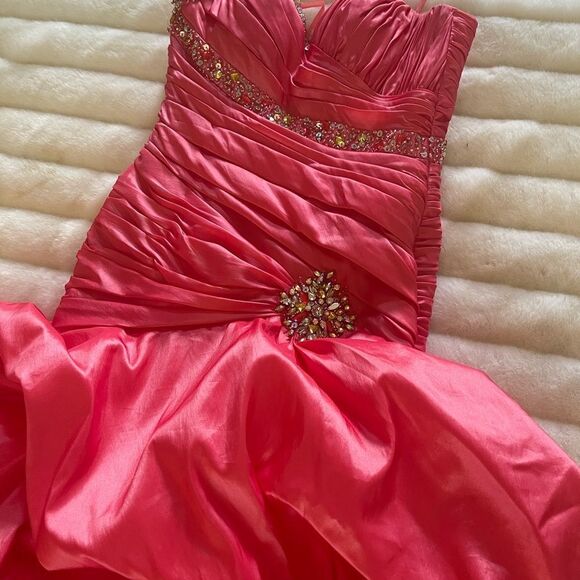 Night Moves strapless Flamingo Corset Ball Gown lace up back ruffle bottom SZ4 - Picture 2 of 11